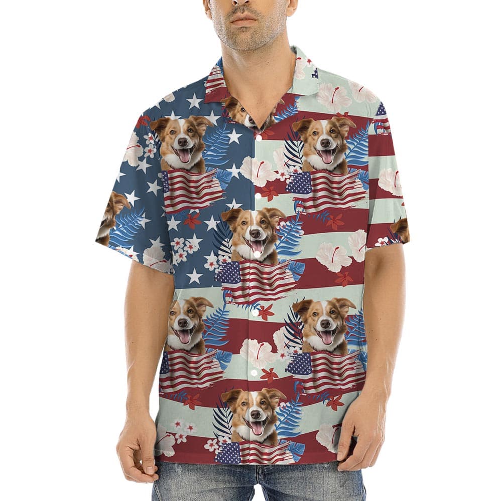 American Flag Hawaiian Button Shirts Custom Dog Cat has a patriotic theme with custom pet photo so unique!