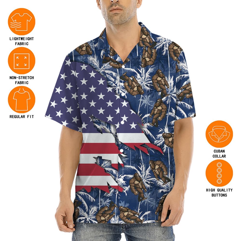 American Flag Sasquatch Palm Trees Blue Hawaiian Shirt