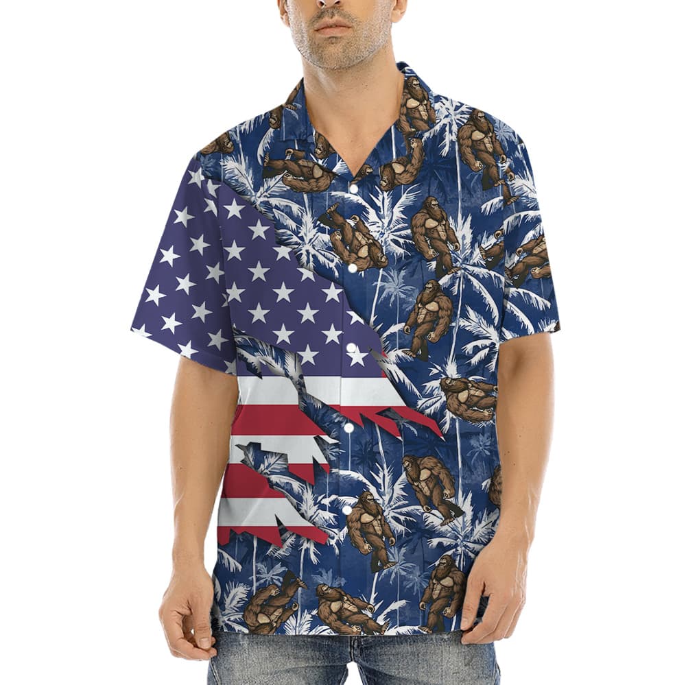 American Flag Sasquatch Palm Trees Blue Hawaiian Shirt (2)