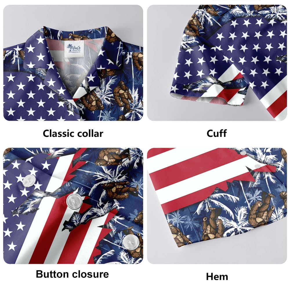 American Flag Sasquatch Palm Trees Blue Hawaiian Shirt