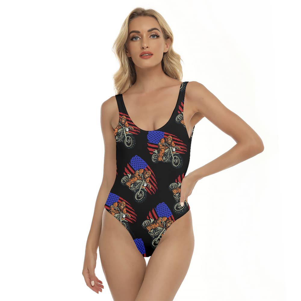 American Flag Sasquatch Riding Motorbike Hawaiian Swimsuit