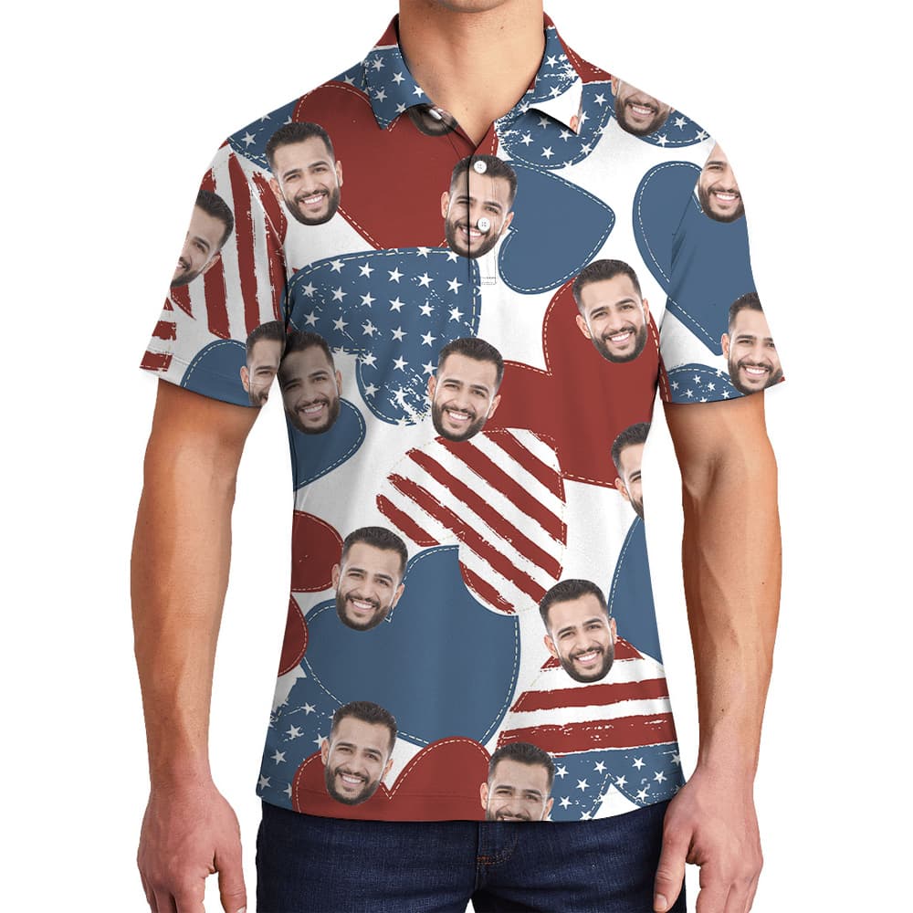 American Hearts Custom Face 4th Of July Hawaiian Men's Polo Shirt