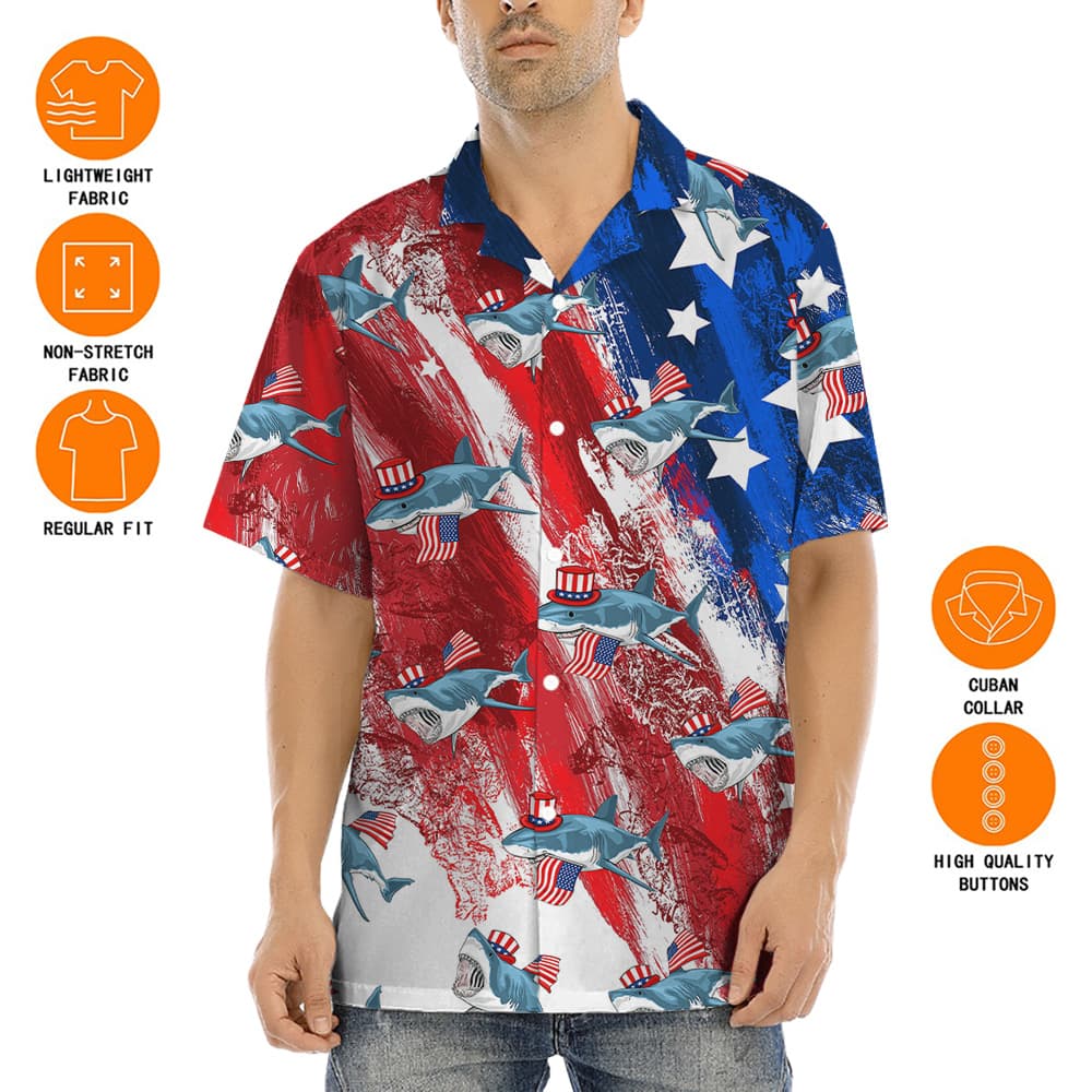 American Patriotic Shark Red And Blue Hawaiian Shirt