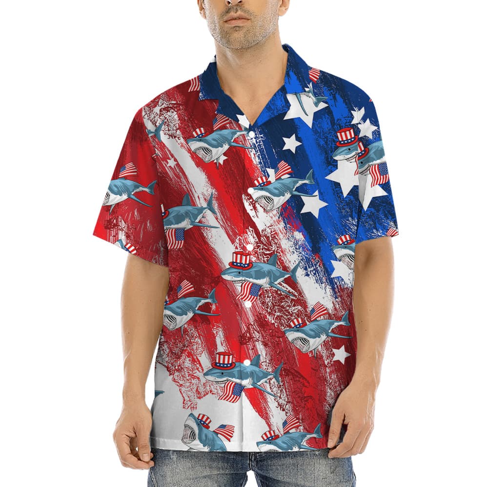 American Patriotic Shark Red And Blue Hawaiian Shirt (2)