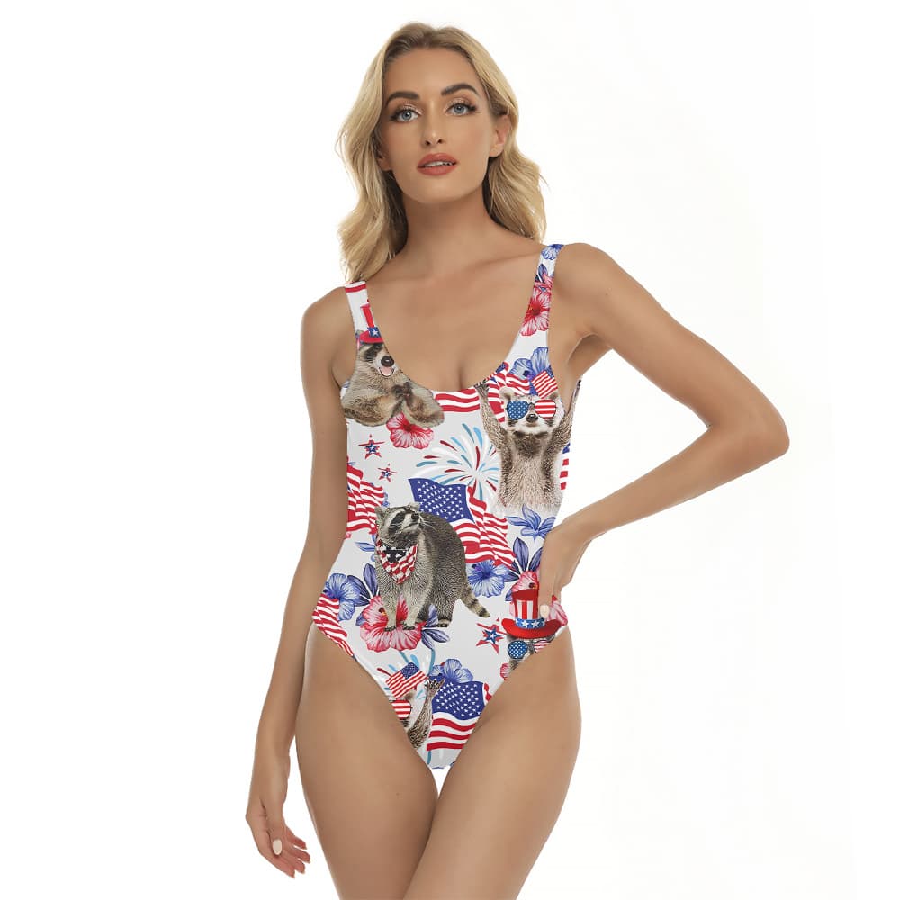 American Racoon 4th Of July Floral Hawaiian Swimsuit