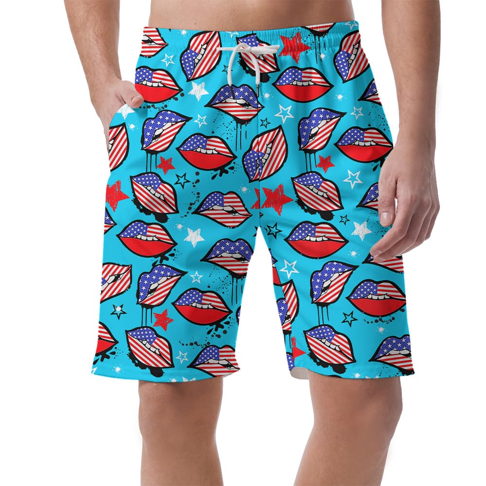 American Sexy Lips 4th Of July Hawaiian Beach Shorts For Men