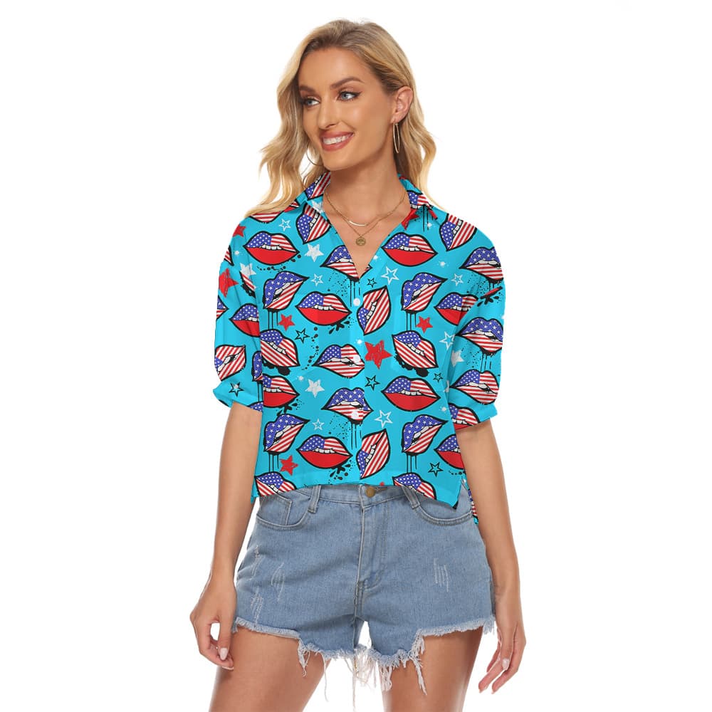 American Sexy Lips 4th Of July Hawaiian Cropped Shirt For Women