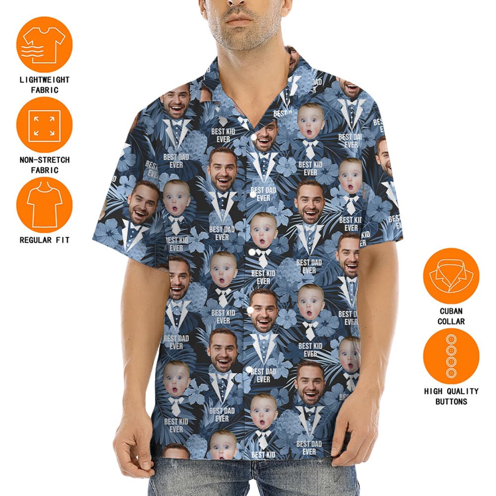 Best Dad Ever Custom Face Father And Kids Blue Hawaiian Shirt