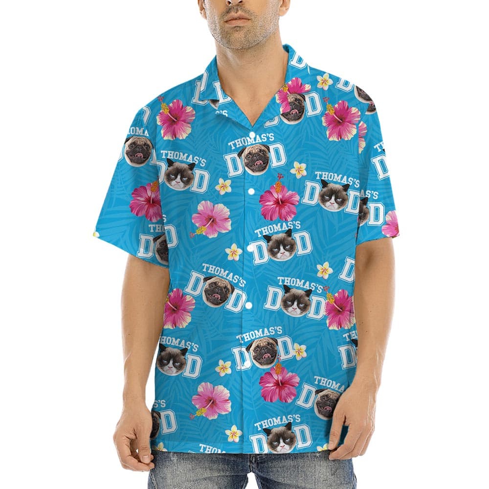 Best Dad Ever Hawaiian Shirt With Dog Face And Name has a blue aloha print with custom pet name and face