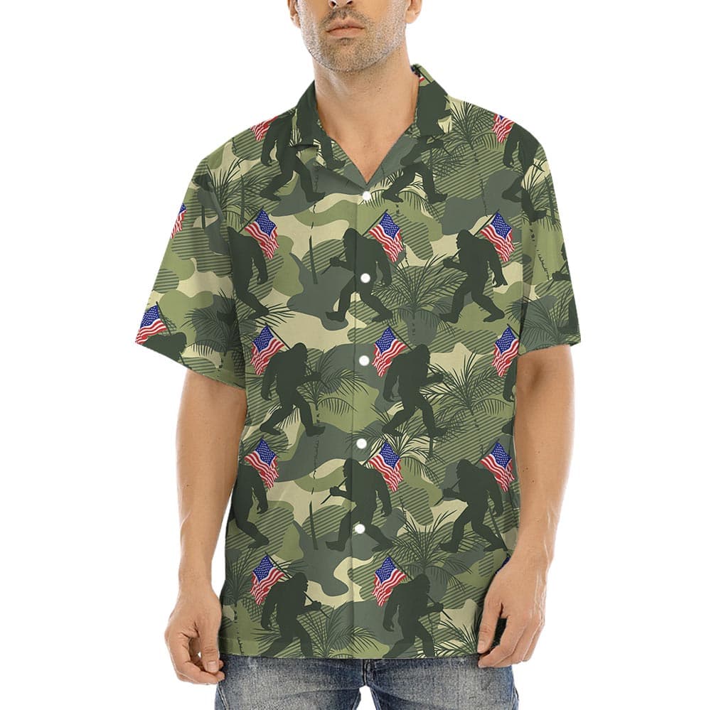 Bigfoot Patriotic Camouflage Men's Button Hawaiian Shirt has an unique Camouflage print with bigfoot holding an American flag