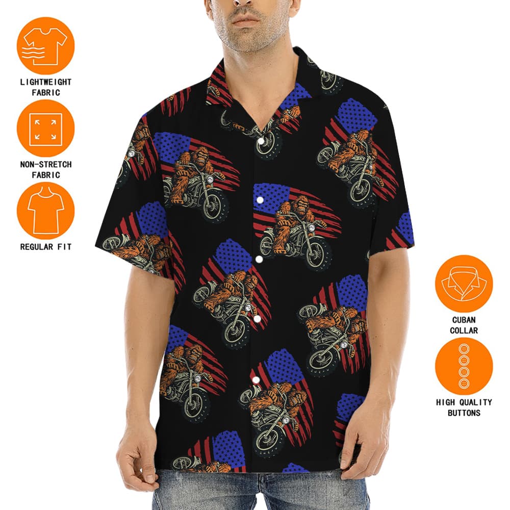 Bigfoot Riding Motorcycle American Flag Hawaiian Shirt