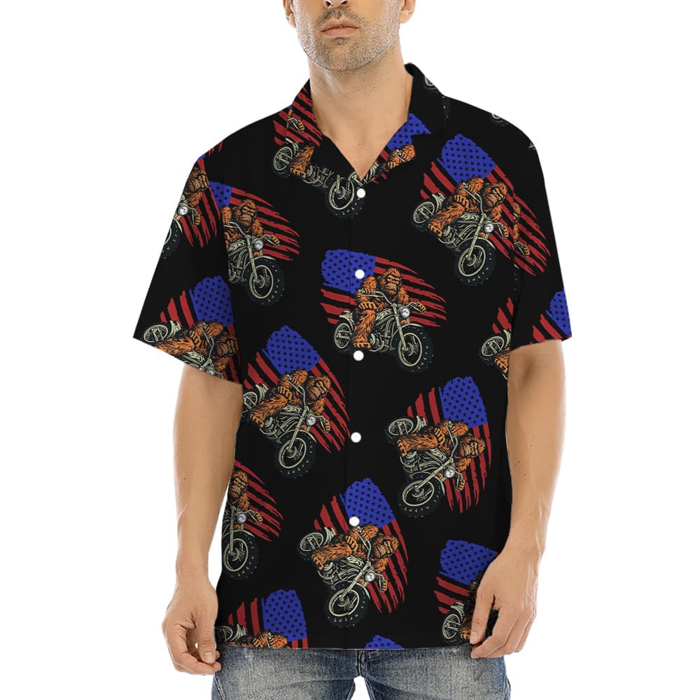 Bigfoot Riding Motorcycle American Flag Hawaiian Shirt (7)