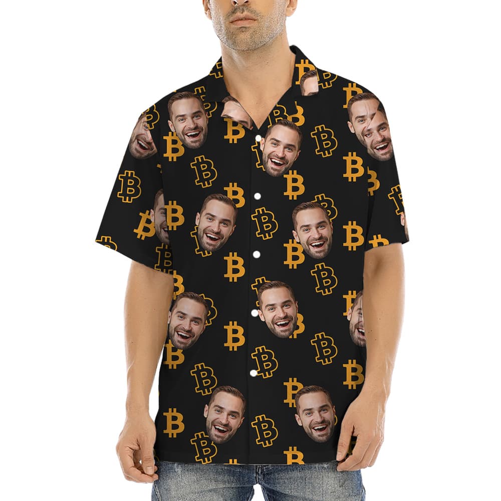 A Printed Hawaiian Shirts with Bitcoin Theme and Custom Faces