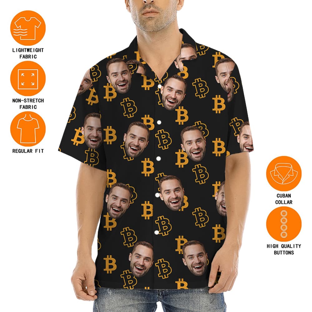 A Printed Hawaiian Shirts with Bitcoin Theme and Custom Faces
