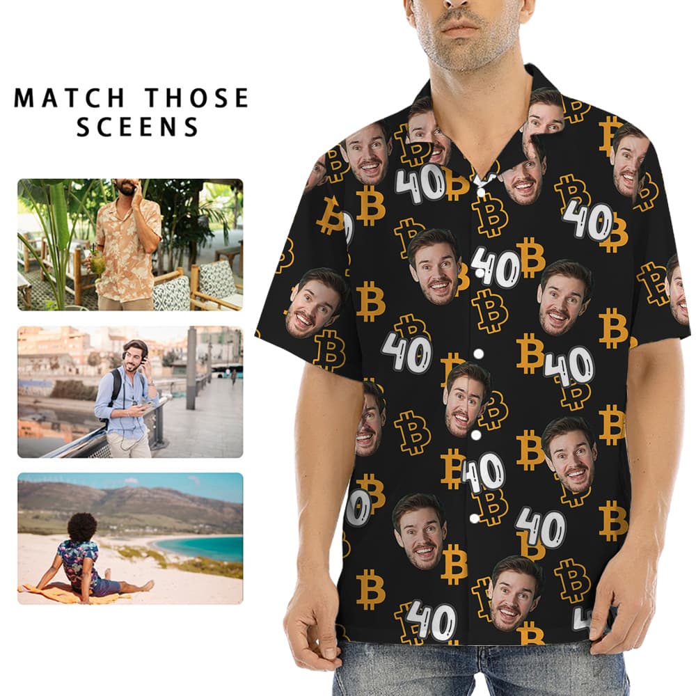 A Male Hawaiian Shirt with Custom Faces and Age on Bitcoin Themed