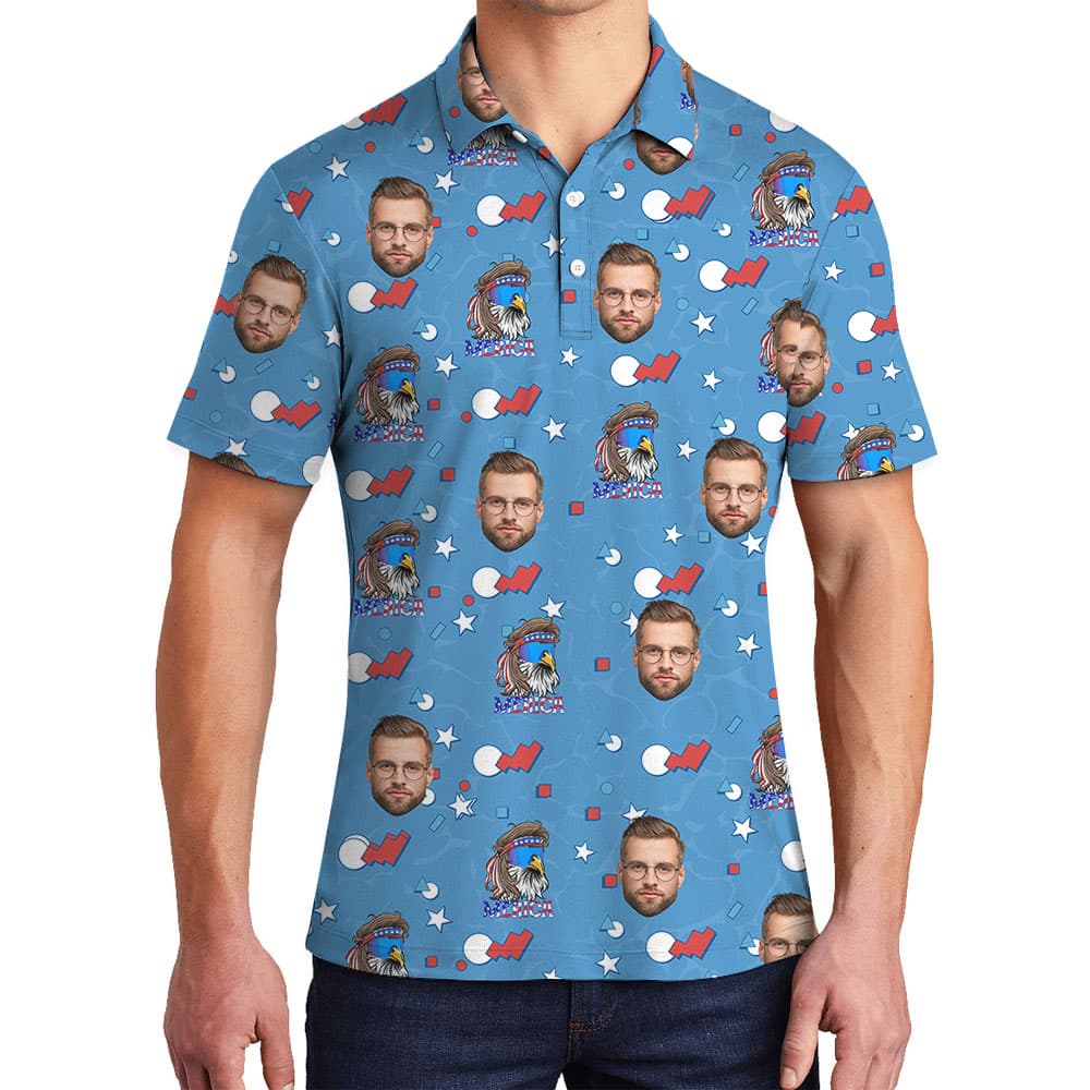 Blue 4th Of July Collared Shirt With 1-5 Faces1