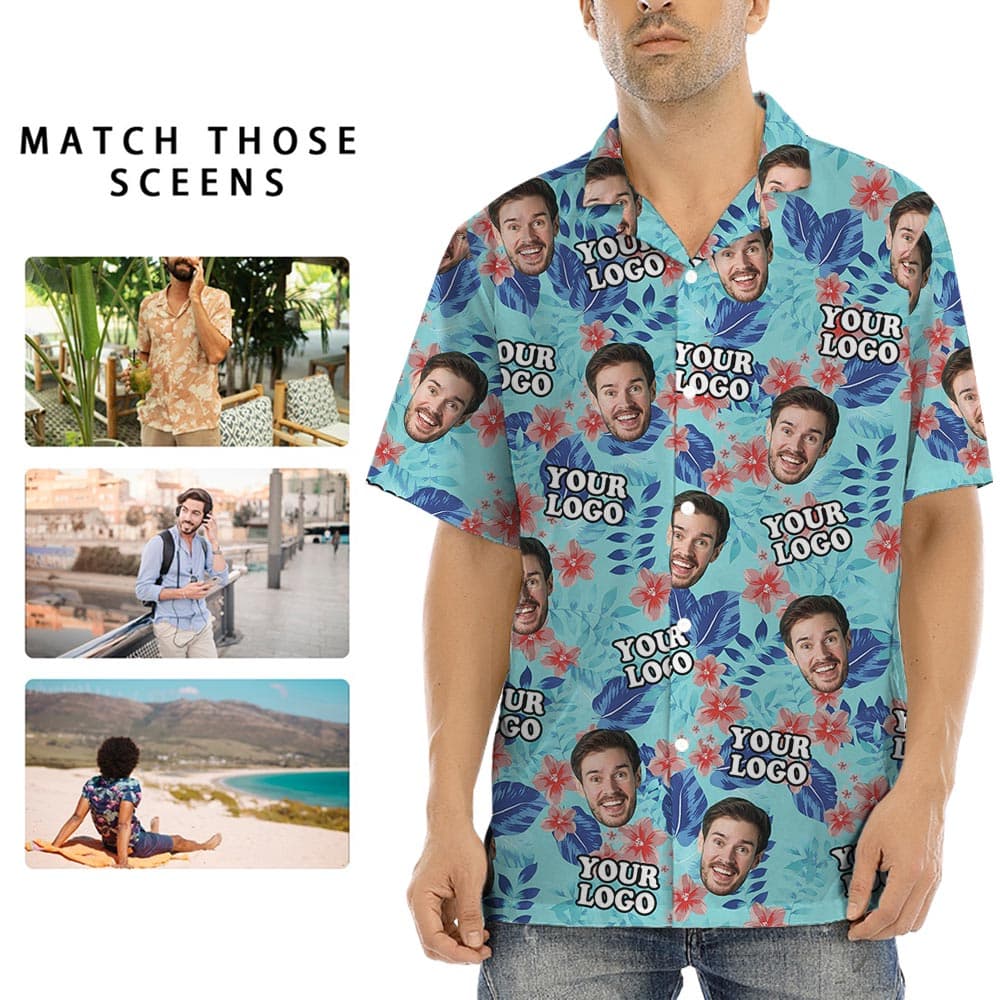 Blue Custom Face And Logo Company Hawaiian Shirt