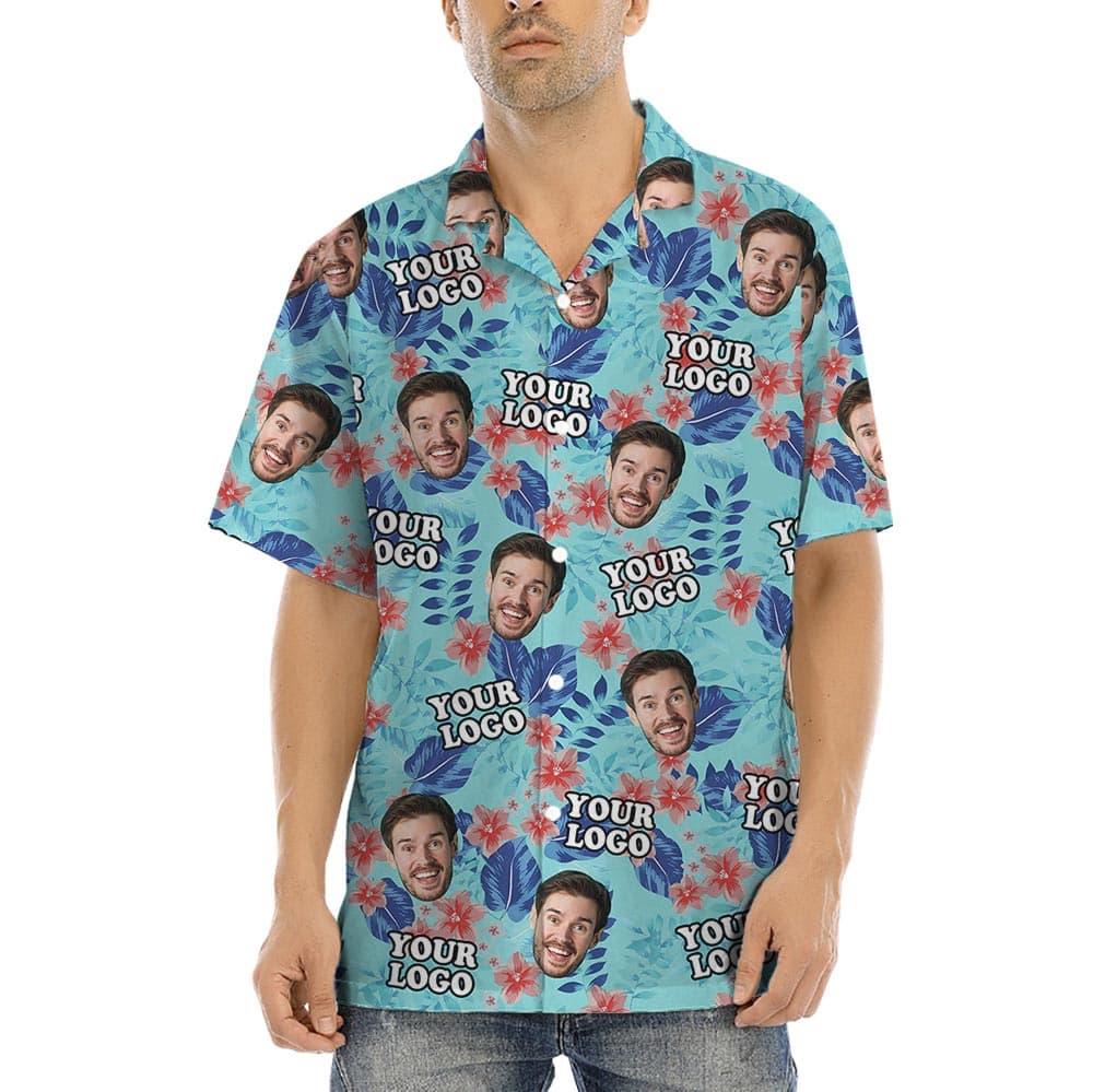 Blue Custom Face And Logo Company Hawaiian Shirt has beautiful tropical print with flowers and custom photo option