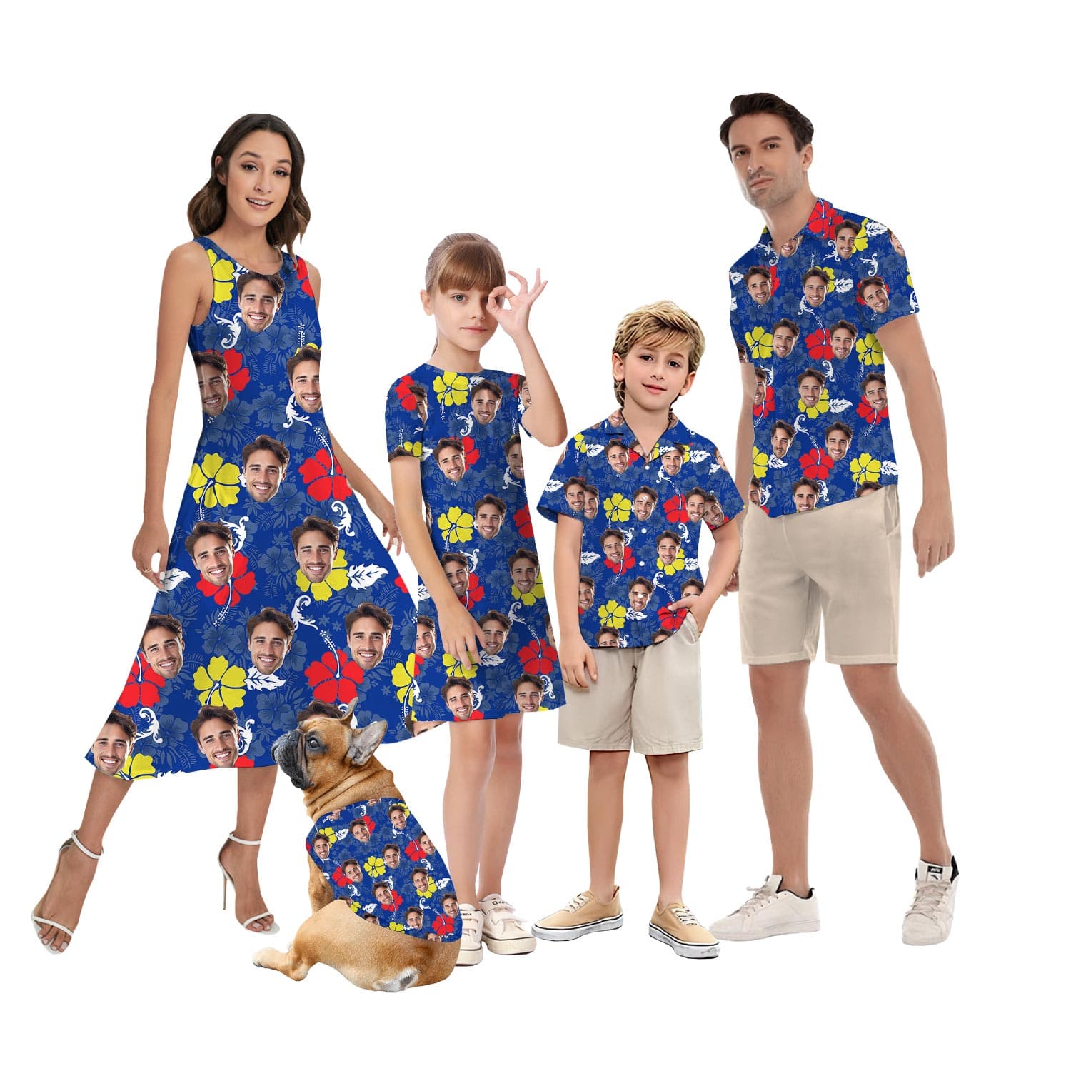 Blue Custom Family Aloha Wear With Multiple Faces is available in shirt, shorts and dress for both adult and kids, with blue floral print in tropical vibe, customizable with faces on the print