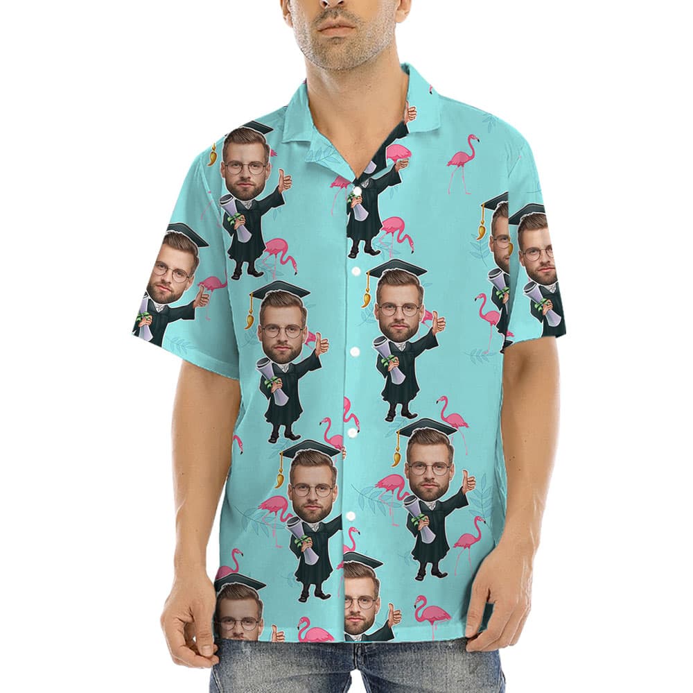 Blue Flamingo Graduation Button Up Shirt With Men's Face1