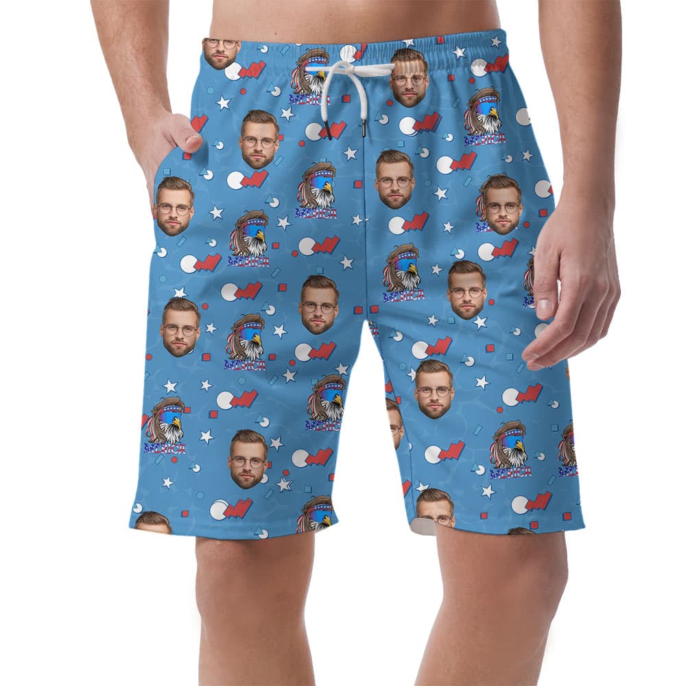 Blue Fourth Of July Men's Shorts With Multiple Faces3