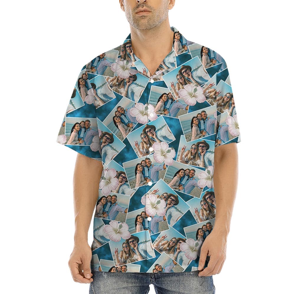 Blue Printed Hawaiian Shirts With Pictures has a blue Aloha print with hibiscus, custom with different photos