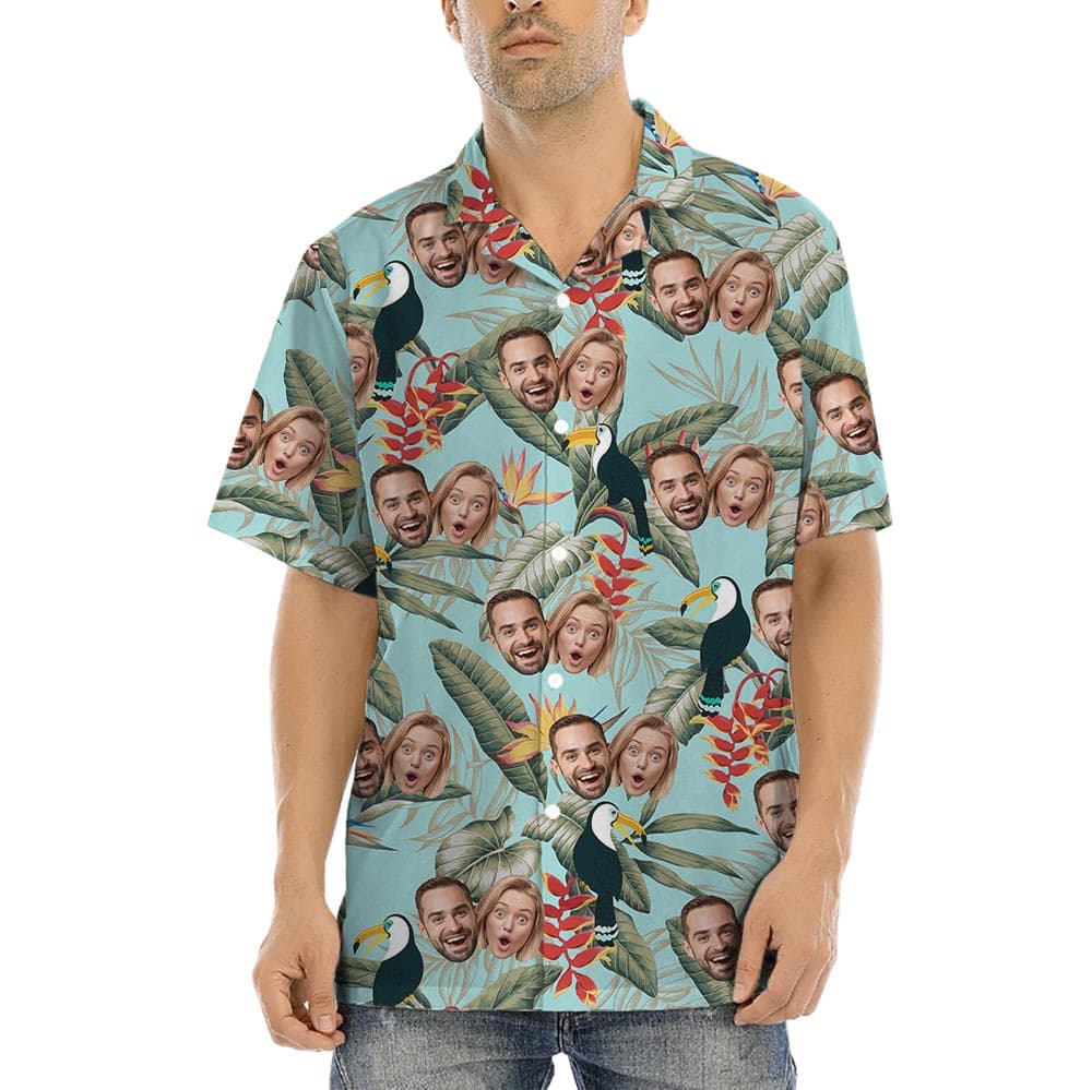 Blue Toucan Personalized Hawaiian Shirt With 2 Faces allows you to put 2 faces or more on the shirt, make it unique with your own photo