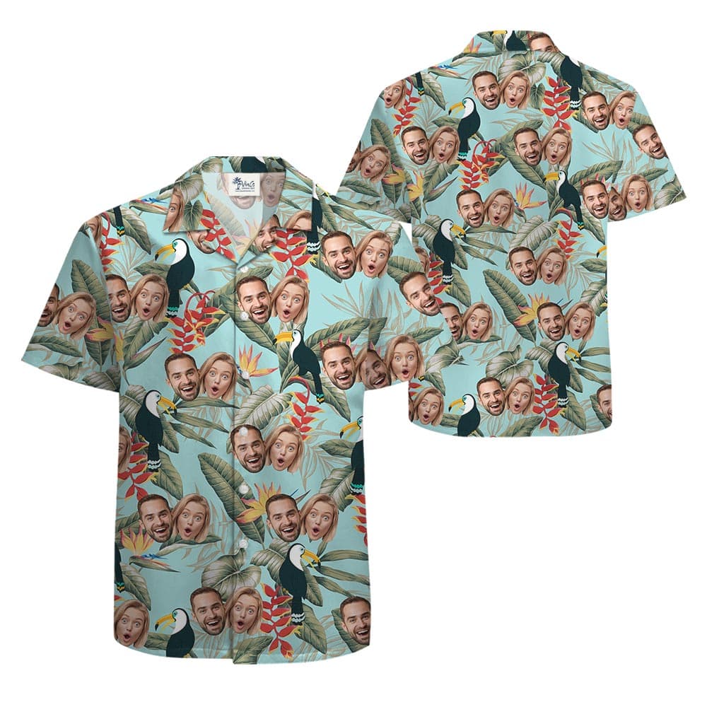 Blue Toucan Personalized Hawaiian Shirt With 2 Faces front and back view - button up style with short sleeves