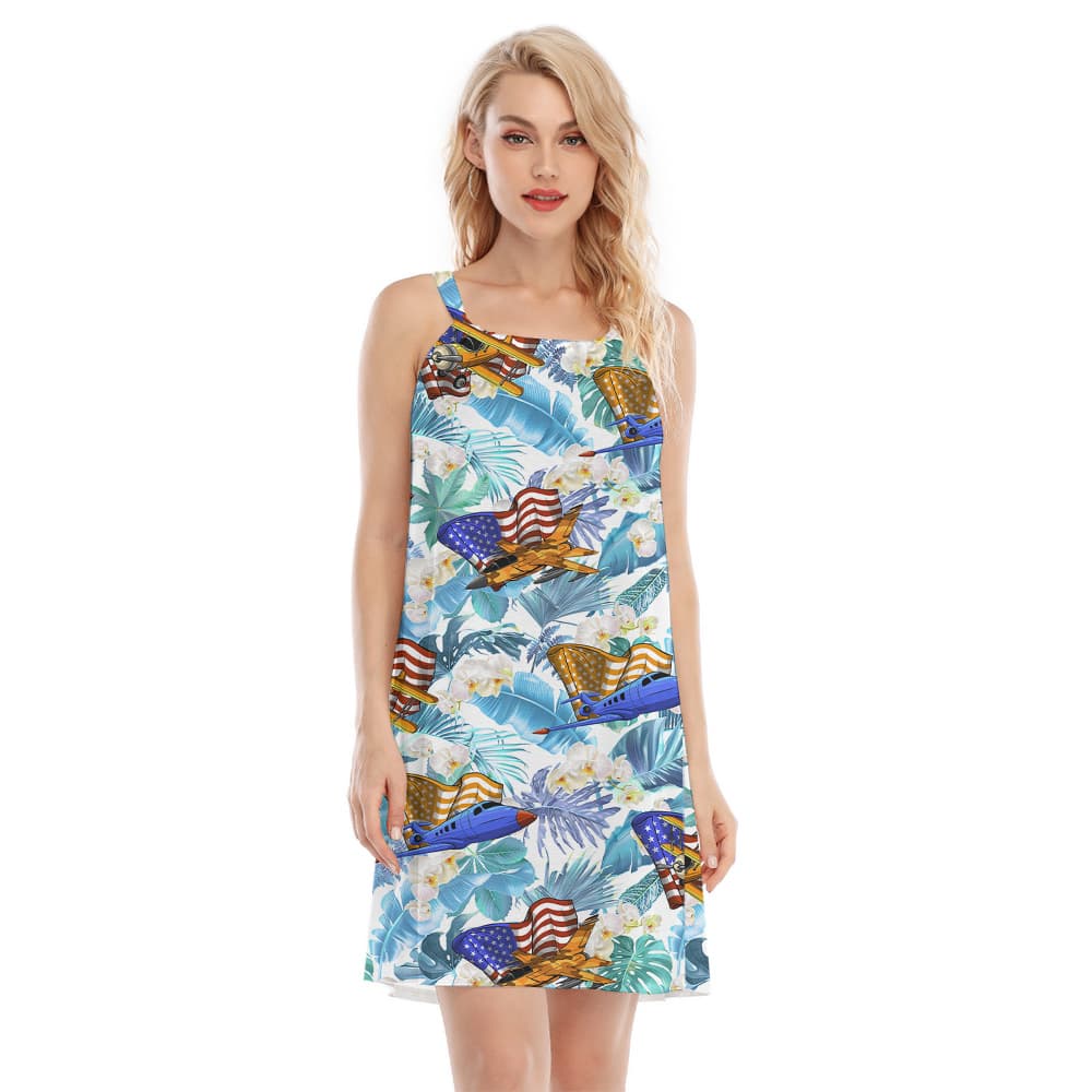 Bomber Airplane Tropical American Flag Aloha Cami Dress