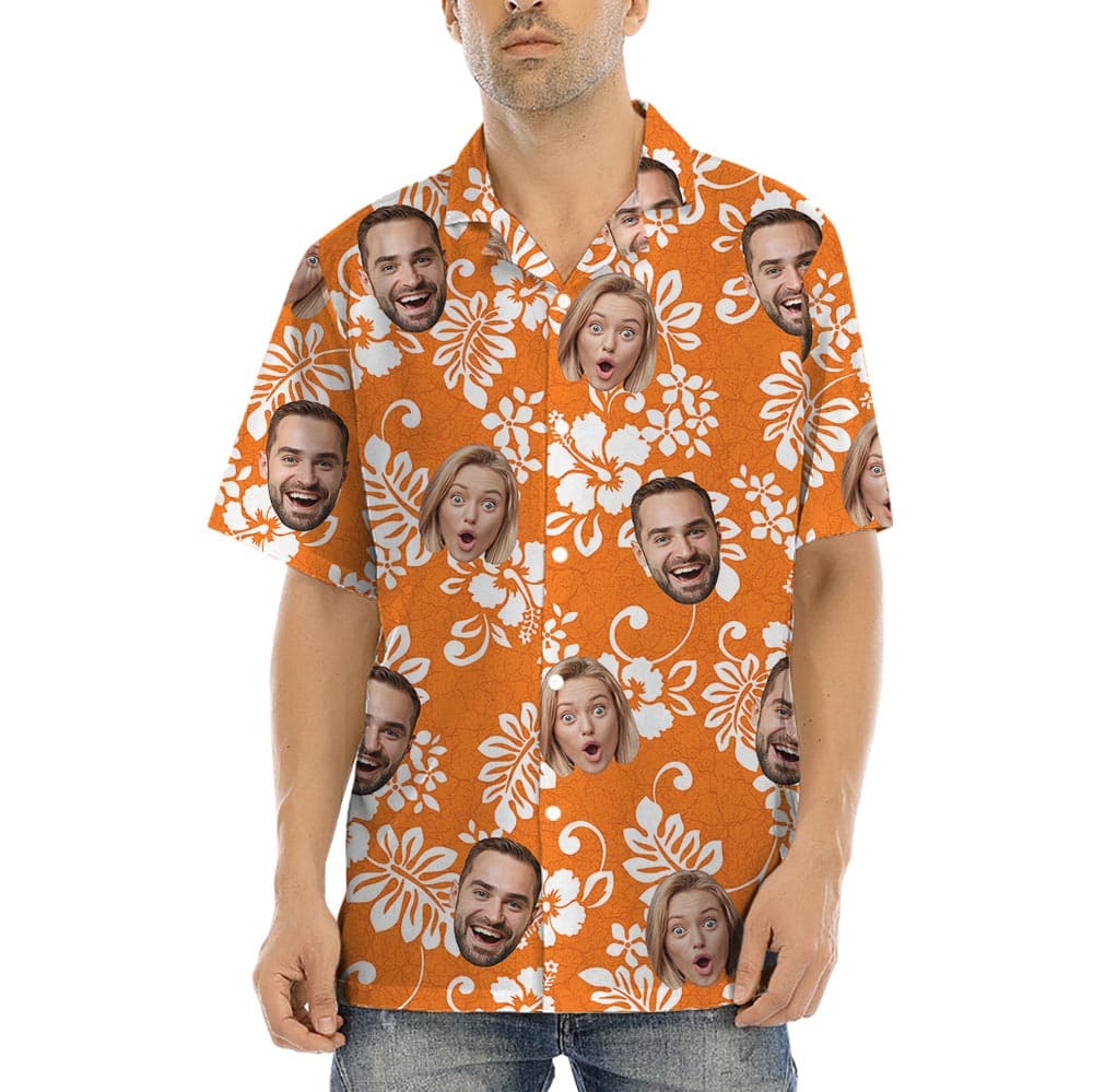 Bulk Order Company Logo Orange Tropical Shirts For Men has beautiful hibiscus print with custom logo option