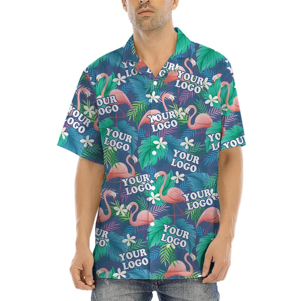 Company Logo Custom Button Shirt No Minimum has a tropical flamingo print with options to put your logo company o the print