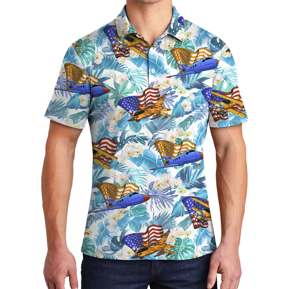 Cool Aircrafts American Flag Floral Men's Hawaiian Polo Shirt