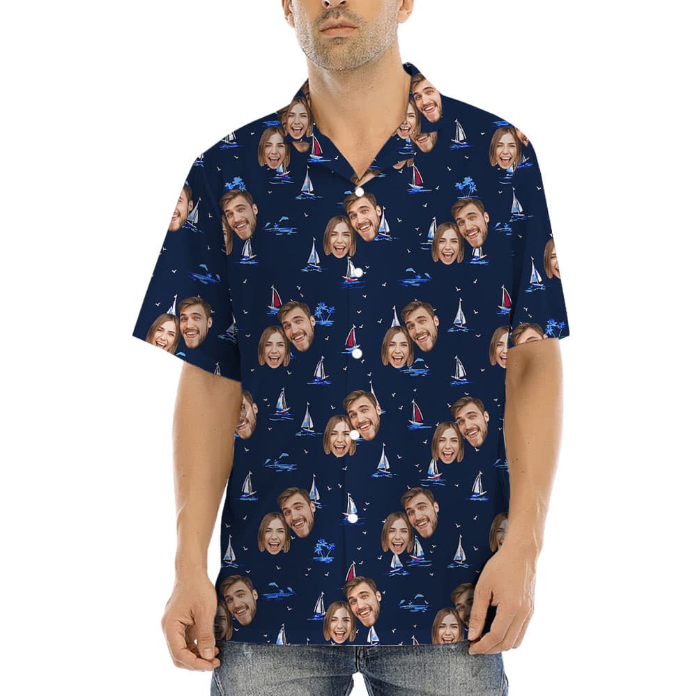 Cool Navy Short Sleeve Hawaiian Shirt With 1-4 Faces1