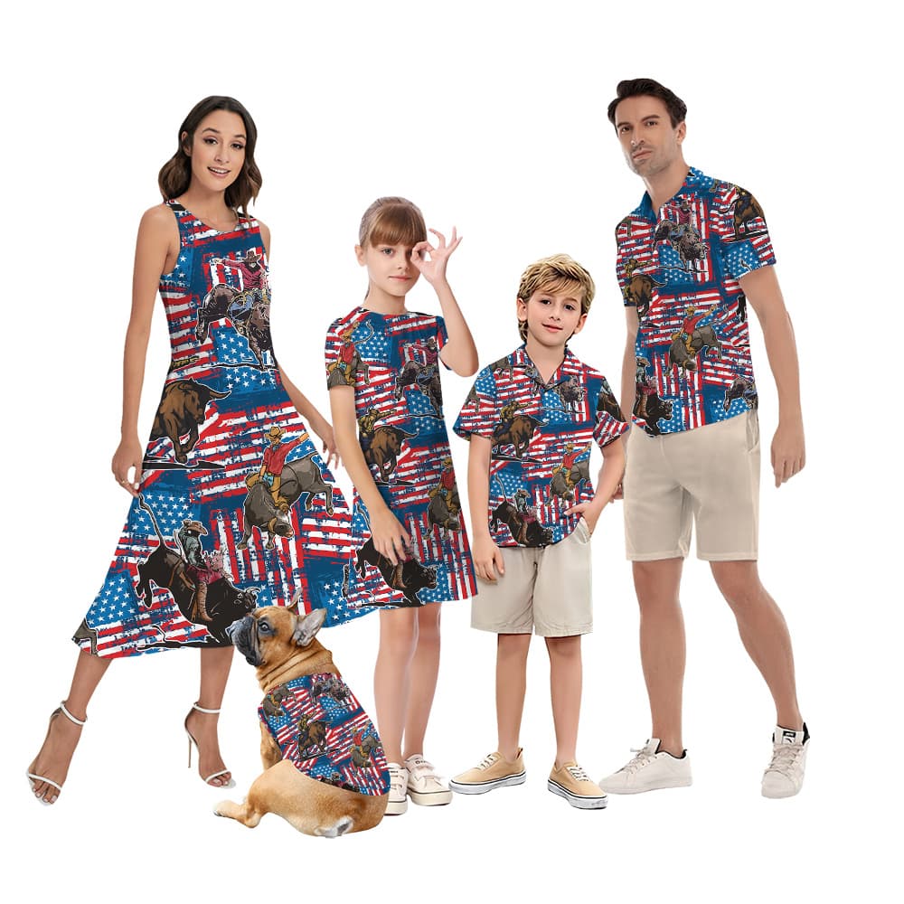 Cowboy Bull Riding 4th Of July Matching Family Hawaiian Outfits