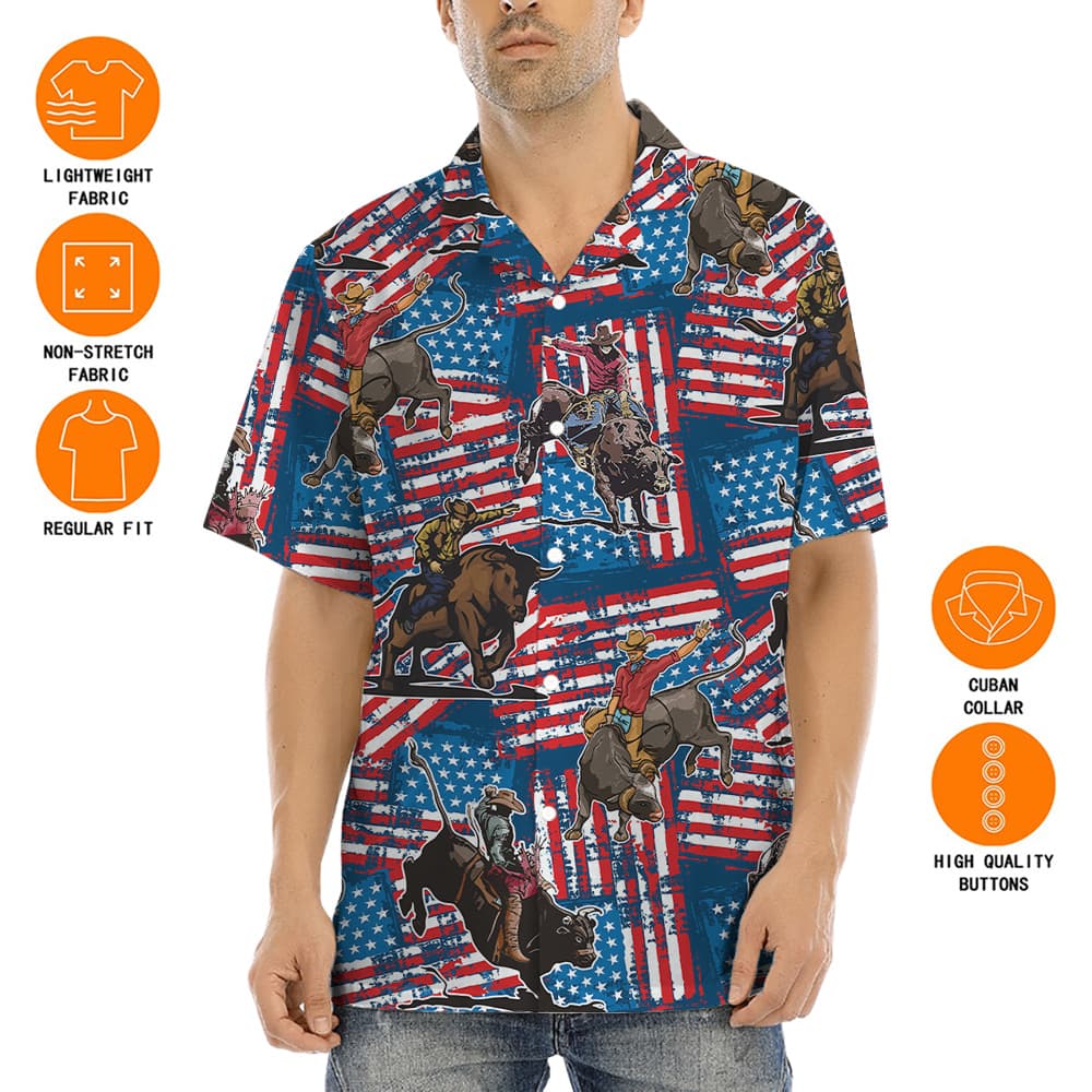 Cowboy Bull Riding Red White And Blue 4th Of July Hawaiian Shirt