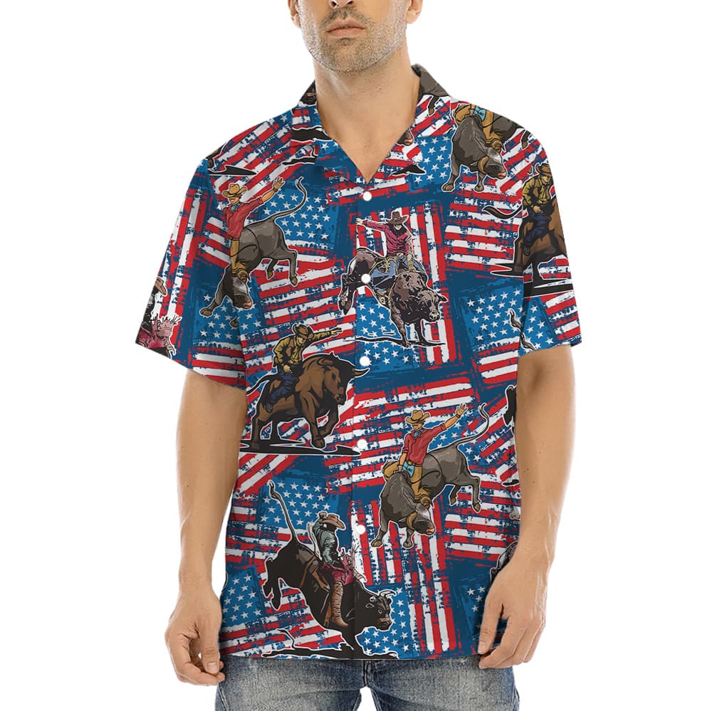 Cowboy Bull Riding Red White And Blue 4th Of July Hawaiian Shirt (4)