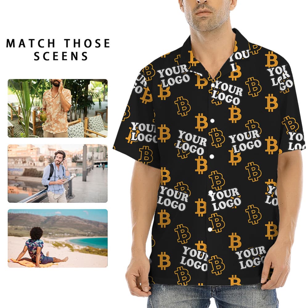 A Custom Aloha Shirt with Custom Logo on Cryptocurrency Themed