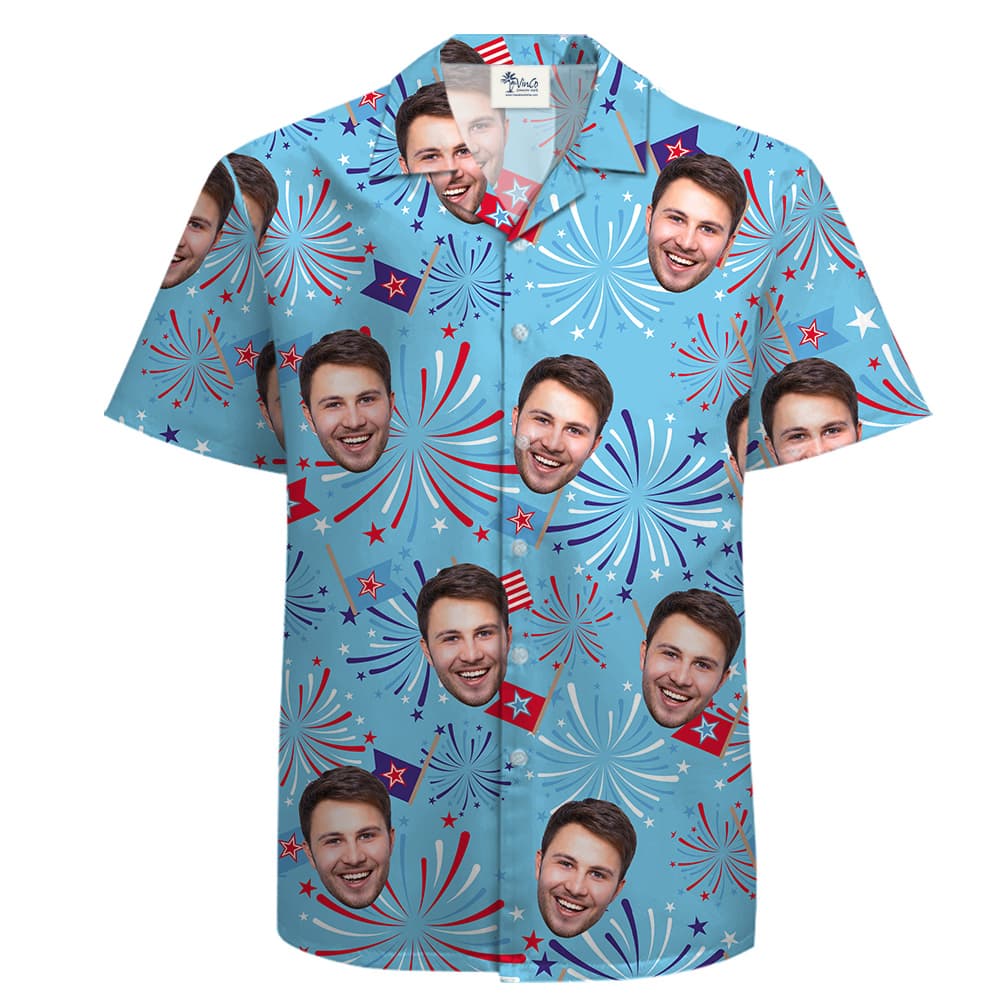 A Button Up Shirt for Men with Custom Face on Firework Theme