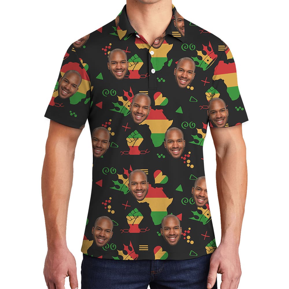 A Men's Polo Shirt with Custom Men's Faces on Freedom 19th June Pattern