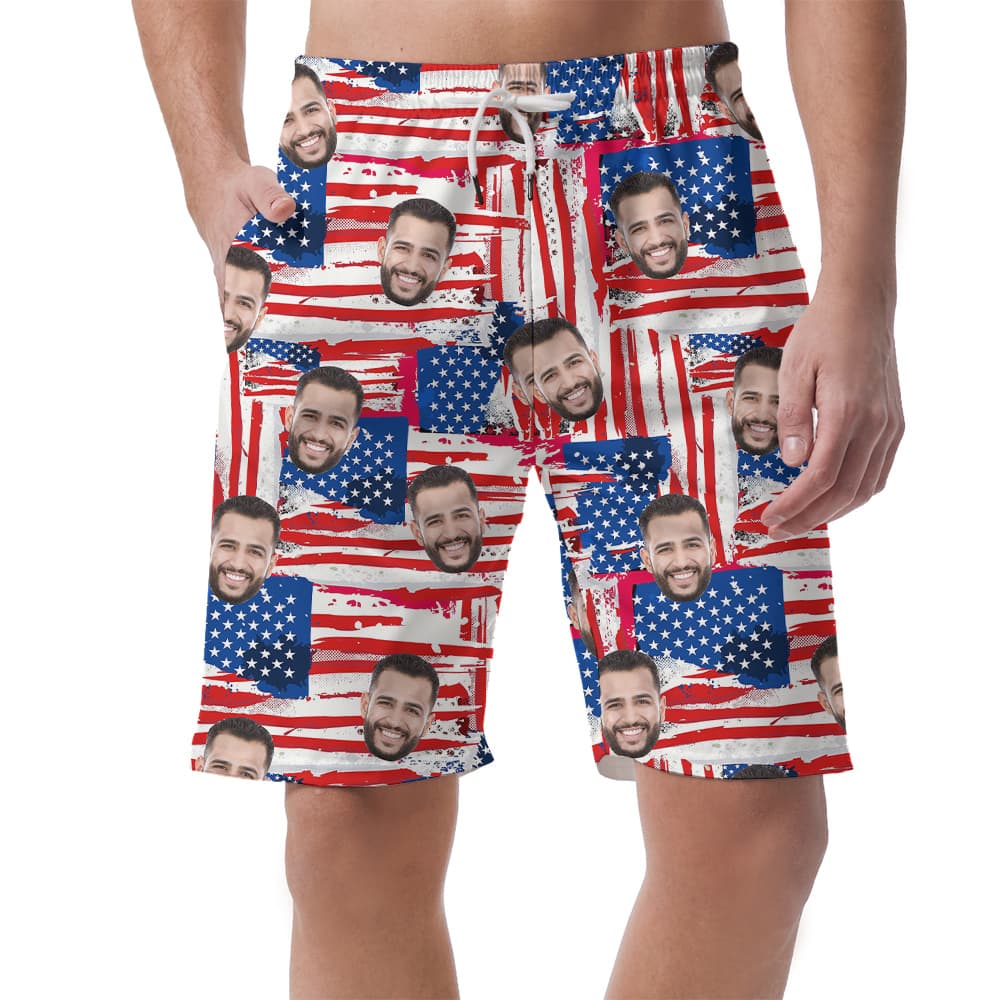 Custom 1-4 Faces 4th Of July American Flag Men's Hawaiian Beach Shorts