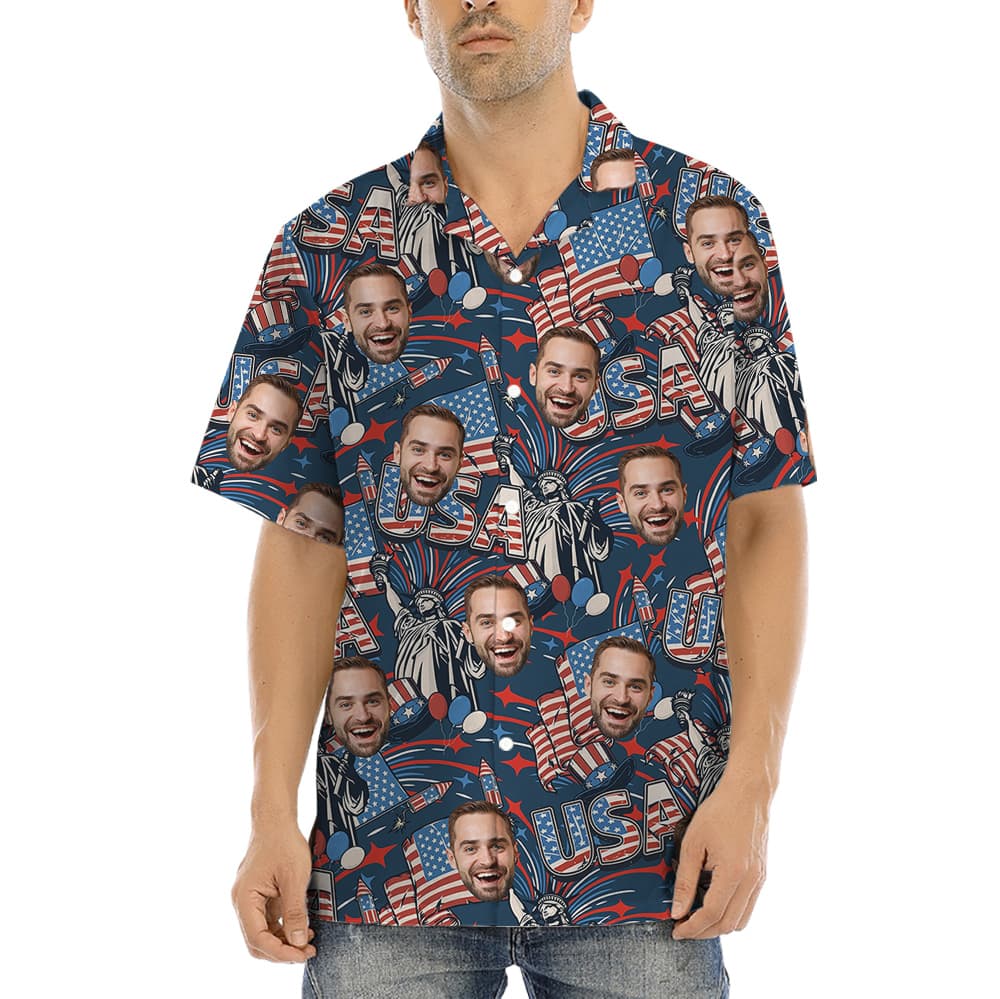 A Men Button Up Shirt with Custom Faces on 4th Of July America Pattern
