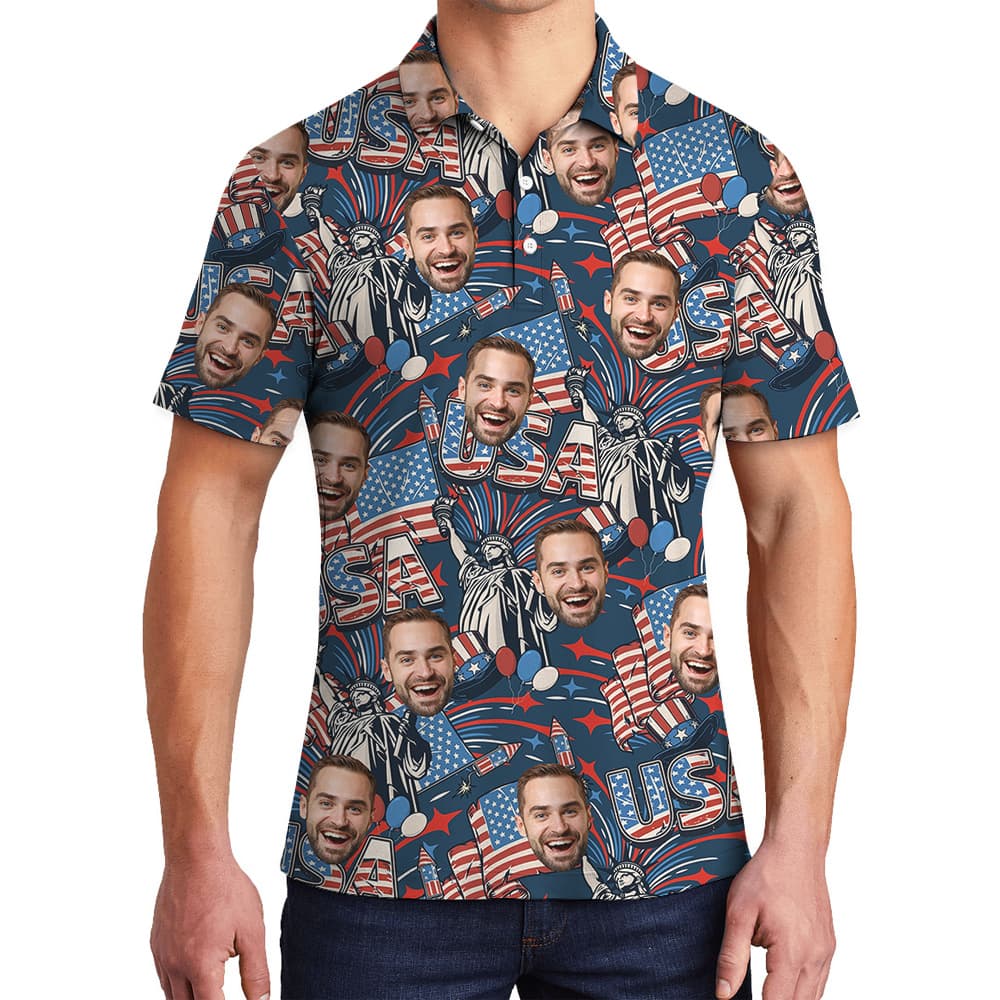 A Polo Men Shirt with Custom Faces on America Flag Pattern