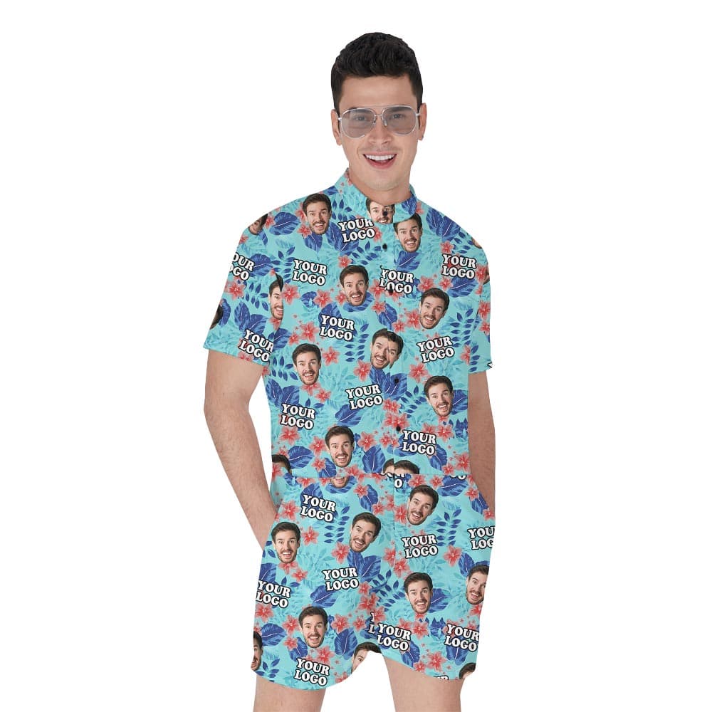 Custom 1-5 Faces Blue Tropical Romper For Men is a short summer style with button up style