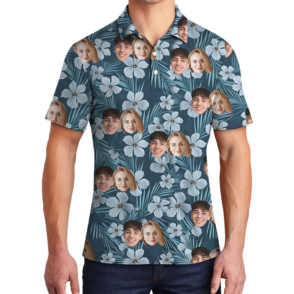 Custom 1-5 Faces Floral Navy Golf Shirt1