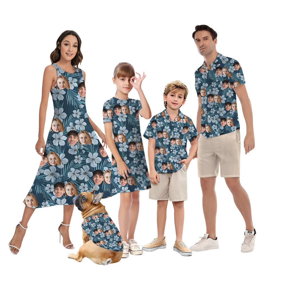 Custom 1-5 Faces Floral Navy Matching Shirt And Dress1