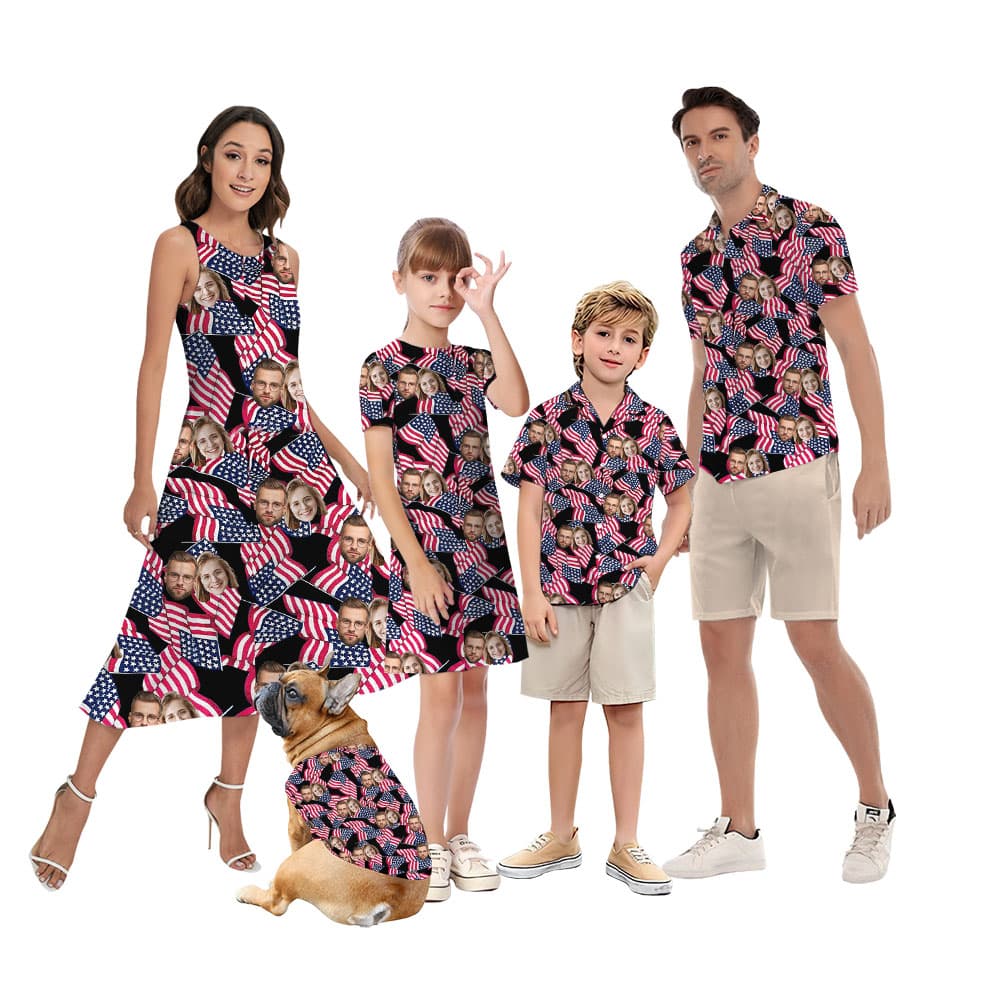 Custom 1-5 Photo Matching Hawaiian Shirt And Dress With USA Flag