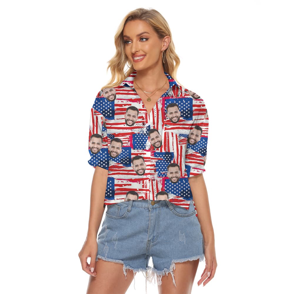 Custom 4th Of July American Flag Women's Cropped Shirt With 1-4 Faces