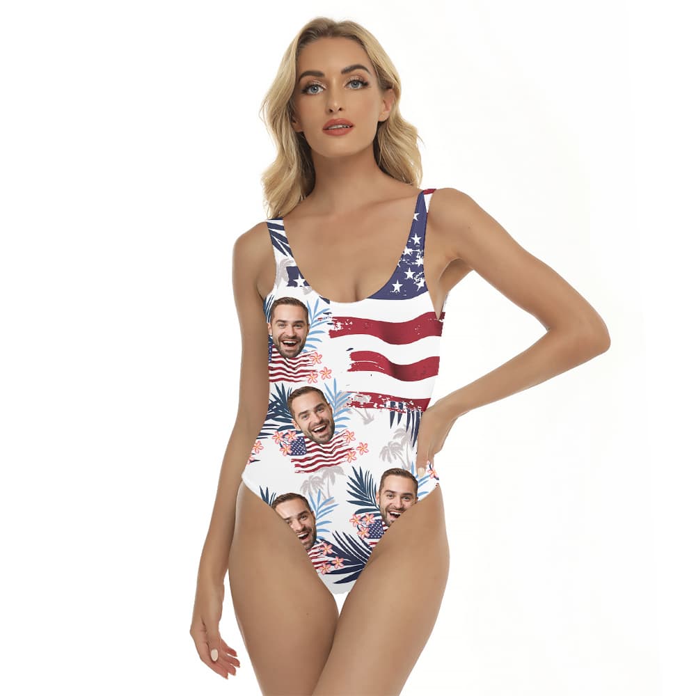 Custom American Flag Tropical Hawaiian Swimsuit With Face