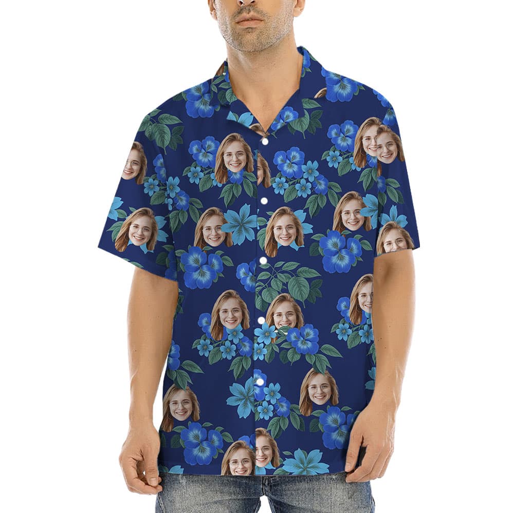 Custom Blue Floral Hawaiian Button Shirts With 1-5 Faces1