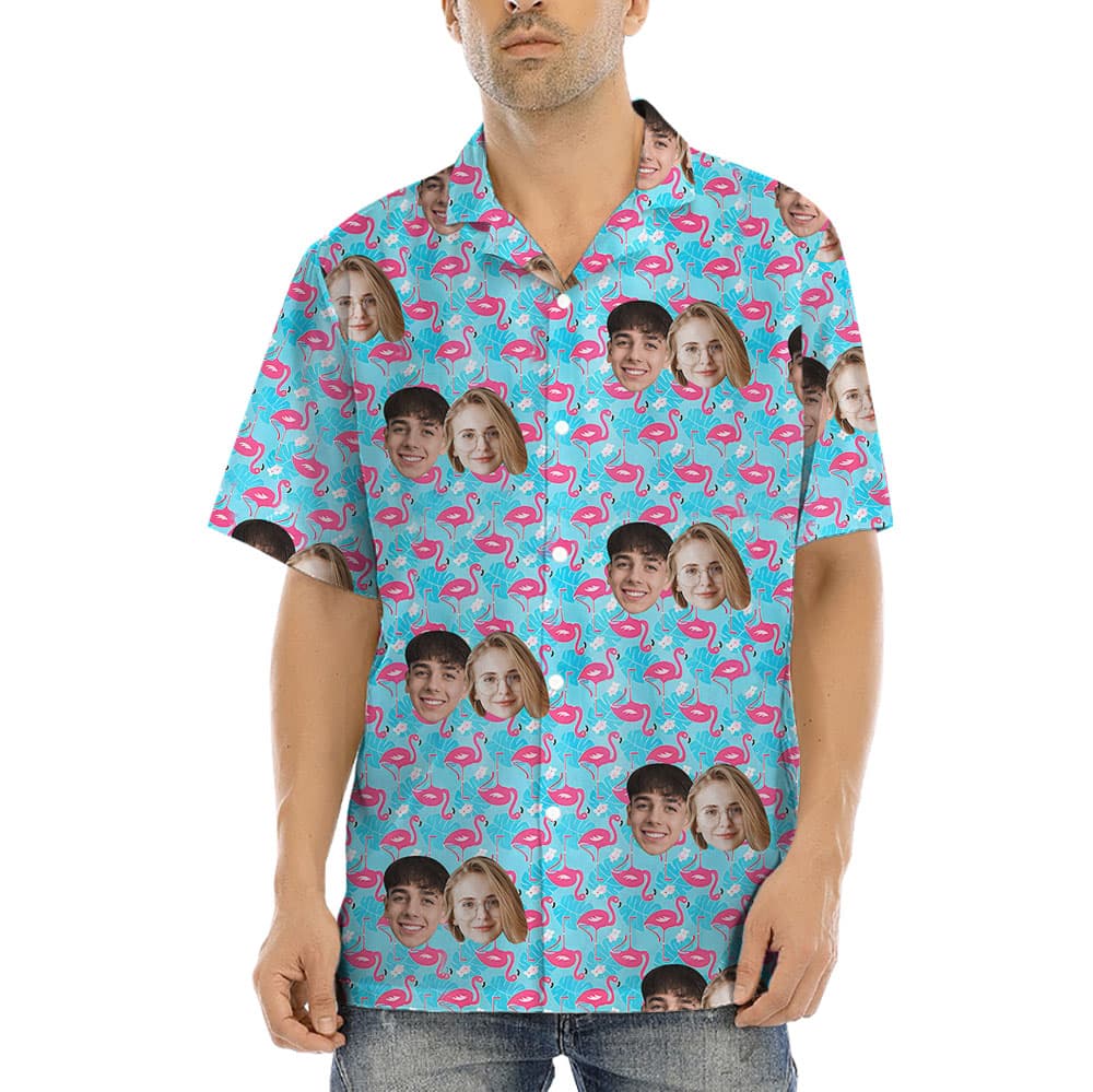 Custom Couple Faces Flamingo Blue Hawaiian Shirt